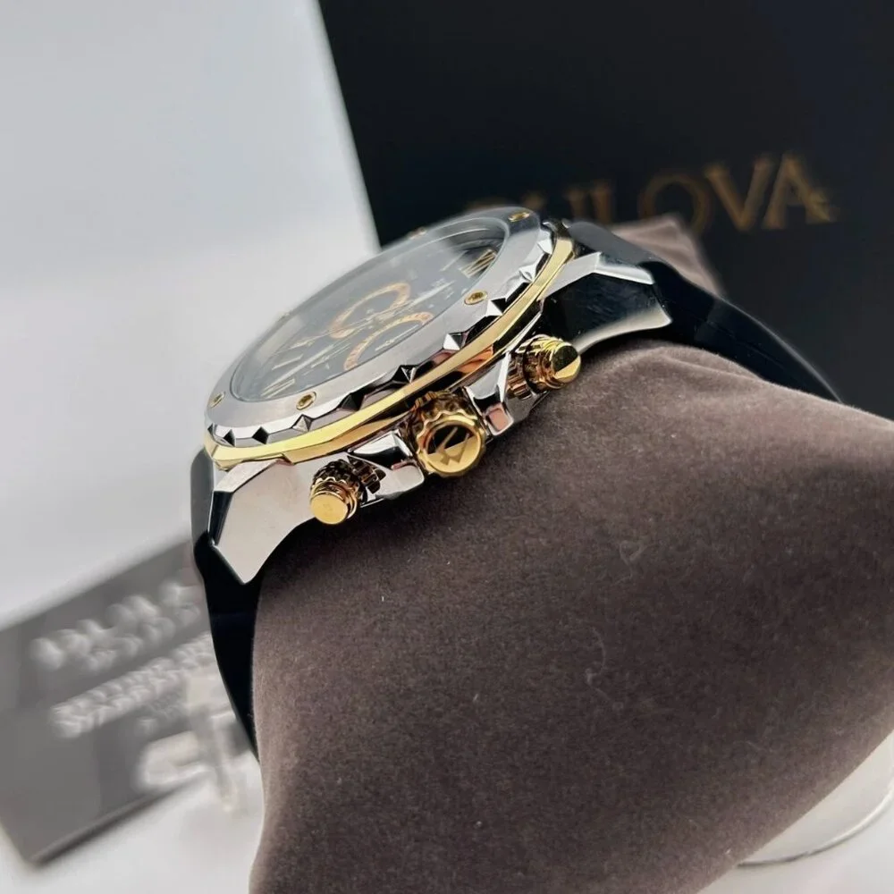 Bulova 44mm Black Rubber Strap Gold Accent Watch